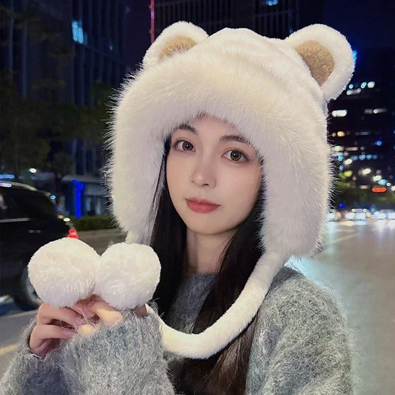 Winter Fluffy Fur Bucket Hat With Bear Ear For Women Plush Ear Protection Fisherman Hat Panama Caps