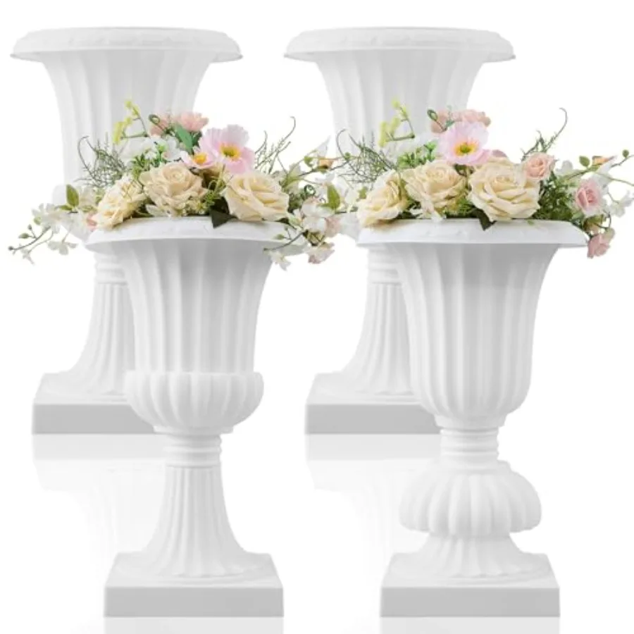 

4 Pack 20 Inch Large Plastic Urn Planters Pedestal Flower Pot White for Wedding Party Event Home Stage Garden Balcony Decoratio