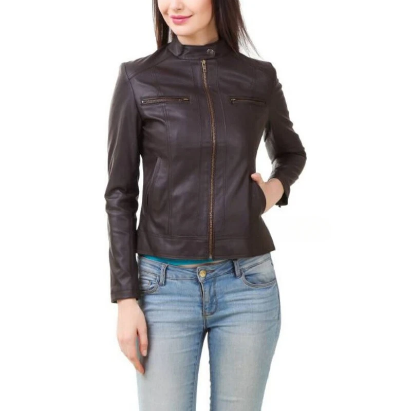 Jaqueta genuína de pele de carneiro acolchoada feminina, casaco Zip Urban Biker, mulheres premium, 100% couro