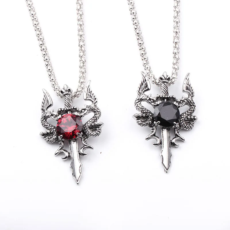 Double Dragon Black Gem Cross Necklace Punk Personalized Pendant Jewelry Accessory for Women Men Trendy Gifts view 3