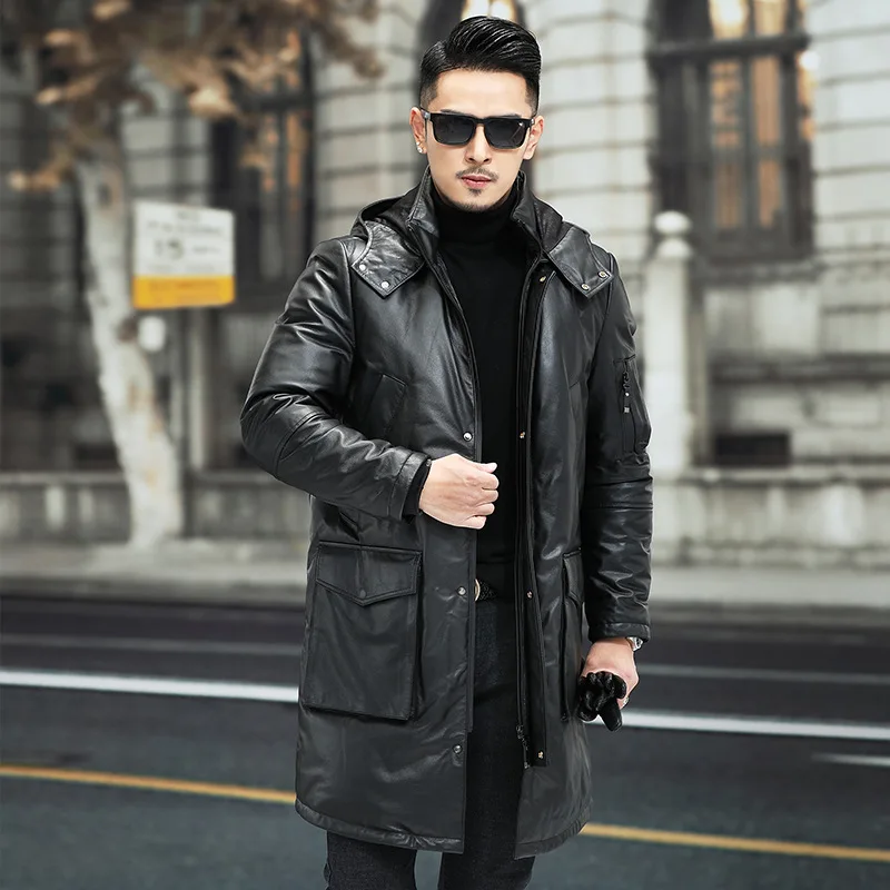 Streetwear New Winter Men's Slim Cowhide Coat Thick Warm Genuine Leather Hooded Down Jacket Male Oversized Parkas Long Overcoat