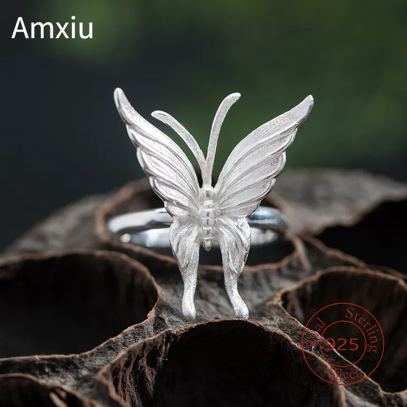 Amxiu Sterling Silver 925 Resizable Design Elegant Butterfly Ring Personalized Trendy Insect Ring Lively Jewelry For Party