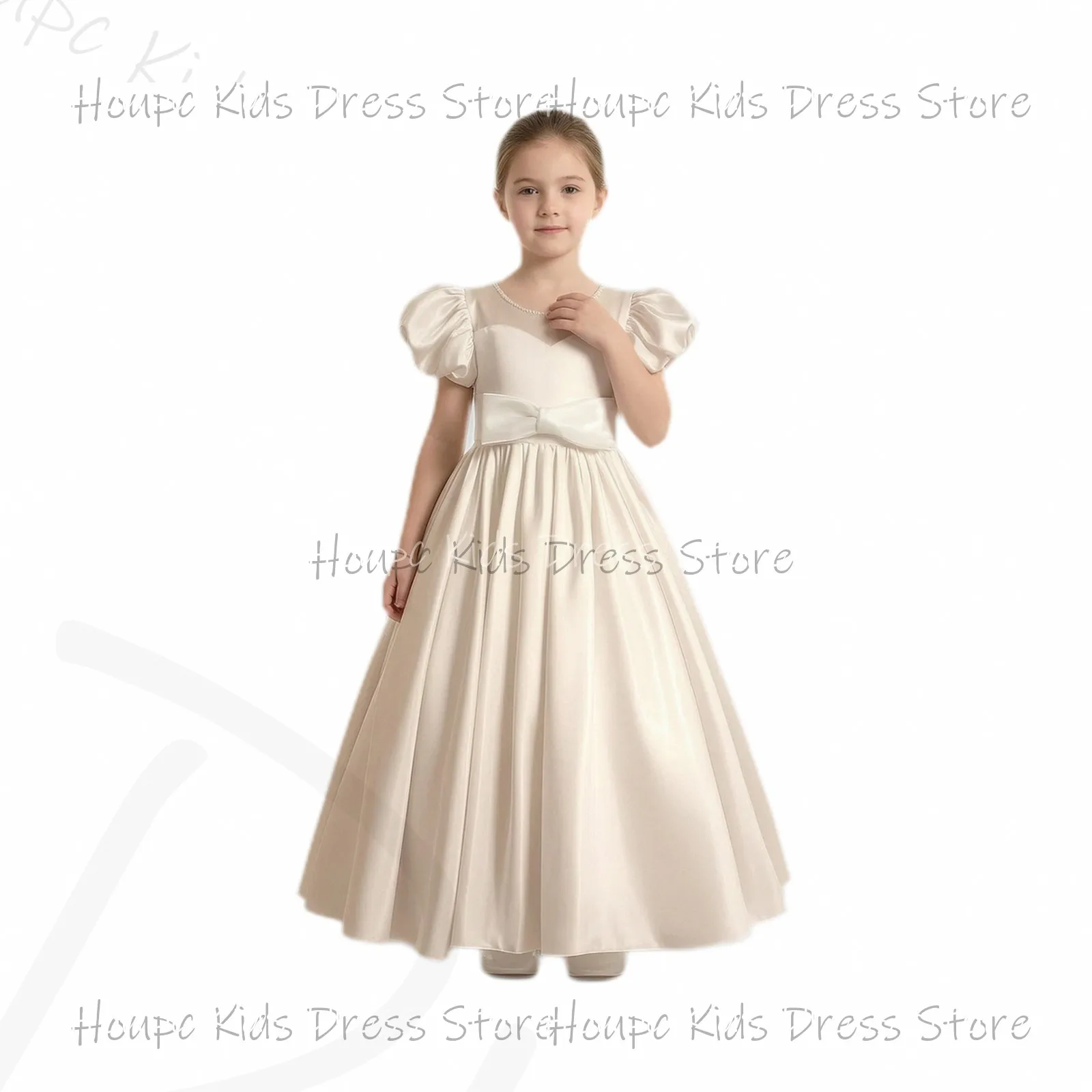 Wedding Custom Flower Girl Dresses Ivory Satin Puffed Sleeve Pearl Trim Tea-Length Wedding Birthday Party Evening Party
