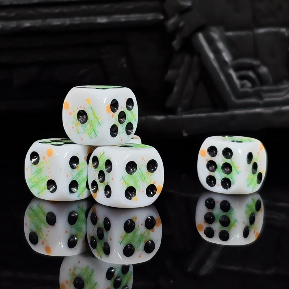 10Pcs/set 16mm 6-Sided White Dice with Green & Orange Splatter, Round Corner D6 Dice Set for Board Games, Tabletop RPGs, DND view 6
