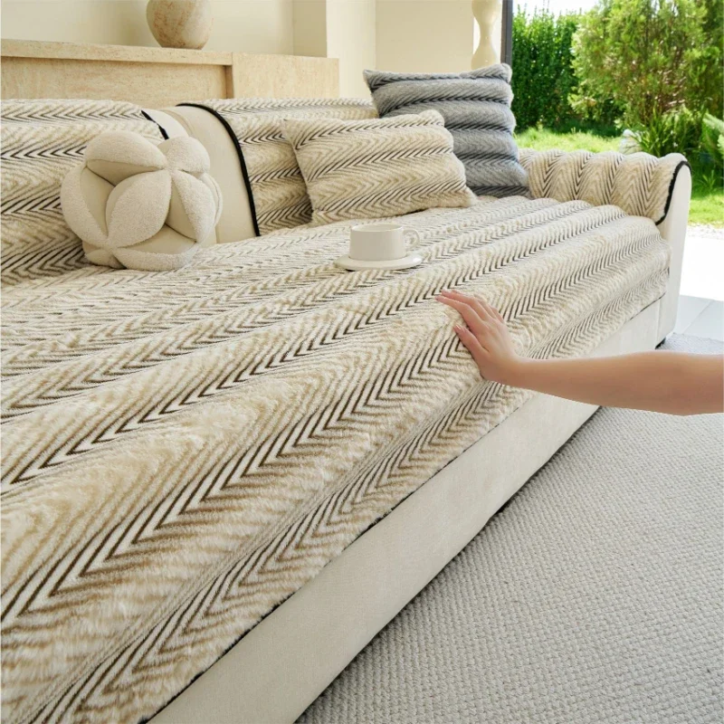 Stripe Plush Sofa Pad Soft Rabbit Velvet Sofa Cover Chinese Style Non-slip Warm Seat Straight Couch Mat Multiple Sizes Available
