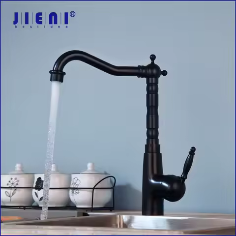 JIENI Matte Black Bathroom Sink Faucet Single Handle Deck Mounted Faucets 360 Swivel Washbasin Hot Cold Water Mixer Taps