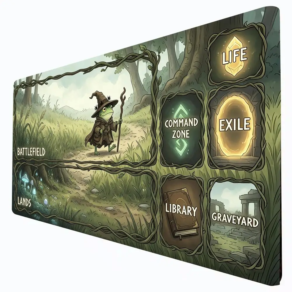 Frog Wizard MTG Playmat With Game Zones Cute Toad Mage Magic The Gathering Play Mat TCG Card Game Mat Non-Slip Rubber Mouse Pad