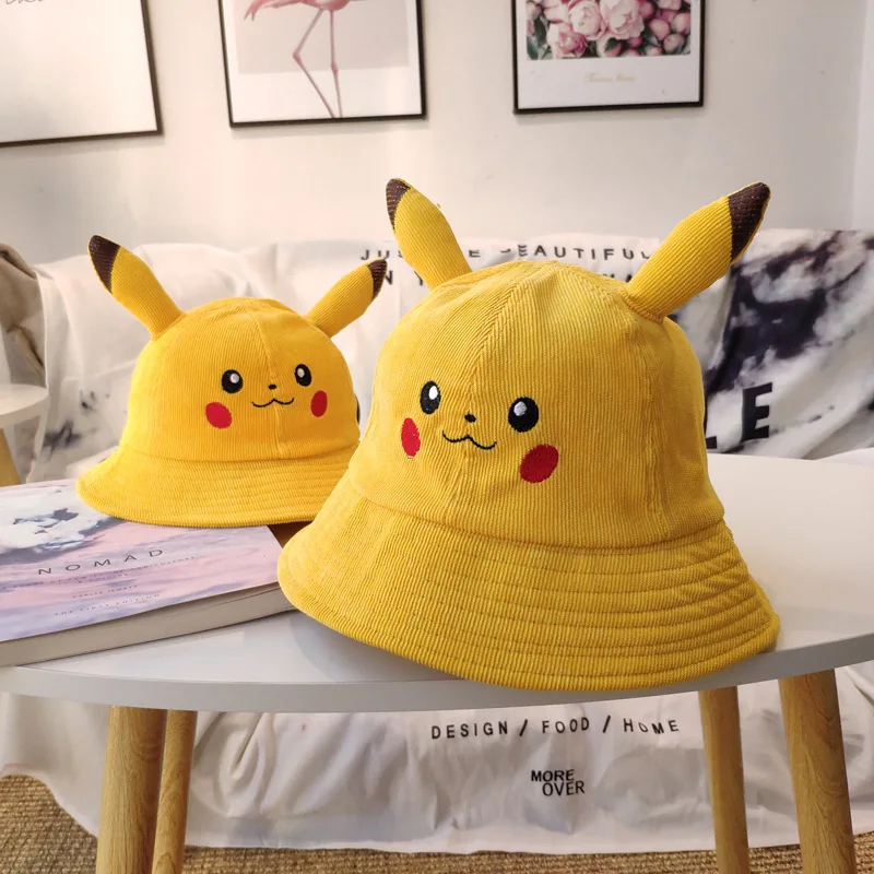 Anime Pikachu Bucket Hat Sun Hat with Ear Cute Cartoon Wide Brim Fisherman Beach Outdoor Baseball Hat Cap for Adult Kids Child