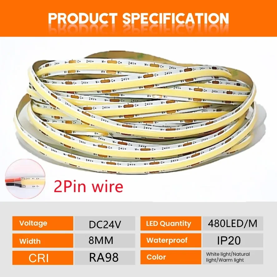 24V Tri Color Smart Dimming 10m COB LED Strip Light 480LEDs/m 8mm Width High Density Flexible Light Strip for TV Wall Decoration