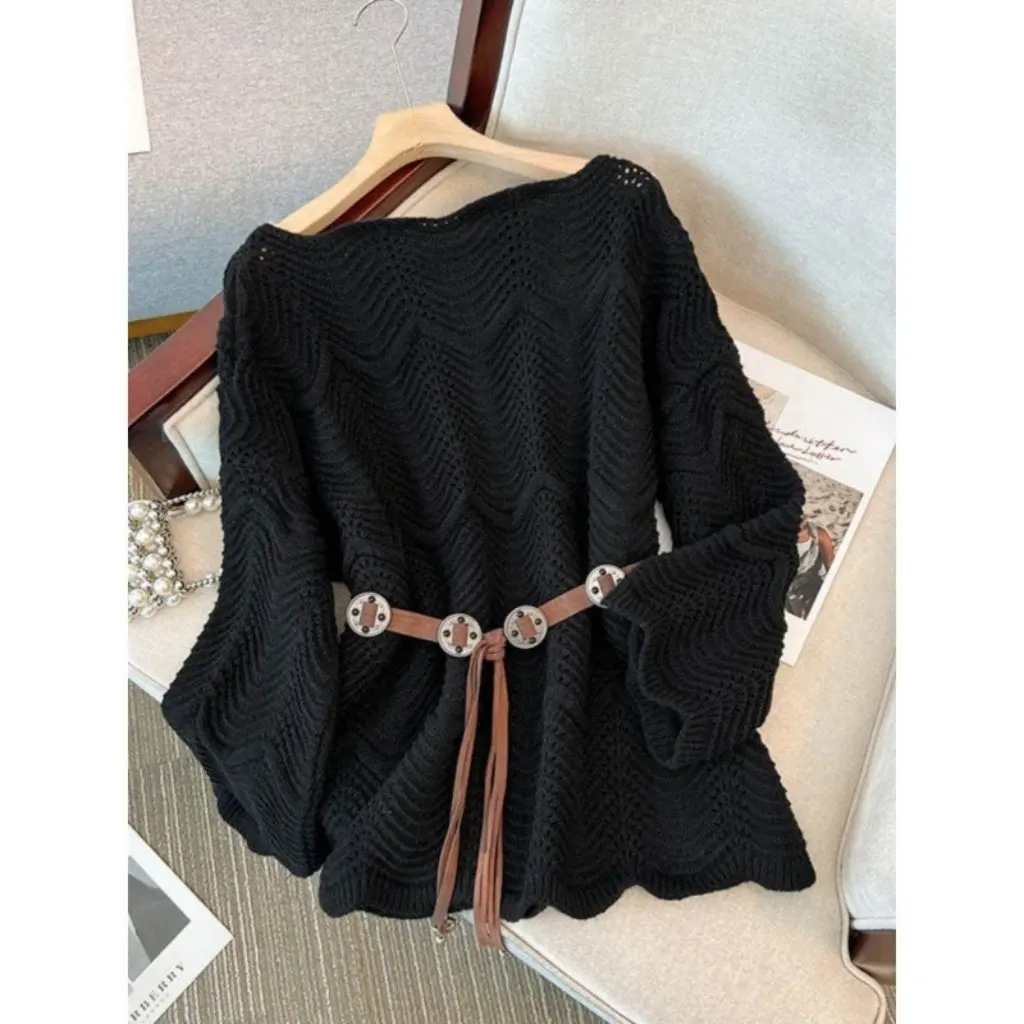 

Women's Spring Hollow-Out Knitted Sweater Long-Sleeved Western-Style Loose Slimming Outer Wear with Belt Age-Reducing