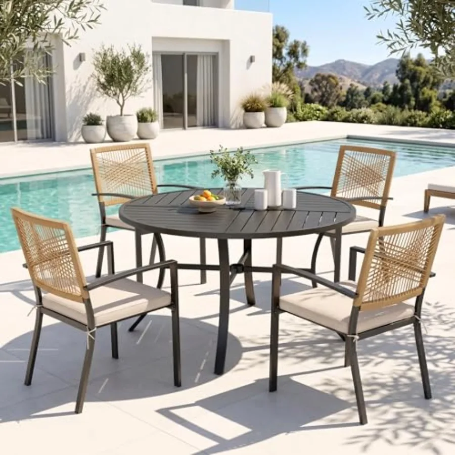 

5 Pieces Patio Table and Chairs Set, Outdoor Dining Set for 4, 42" Round Metal Patio Table and 4 Cushioned Rattan Chairs for Pa