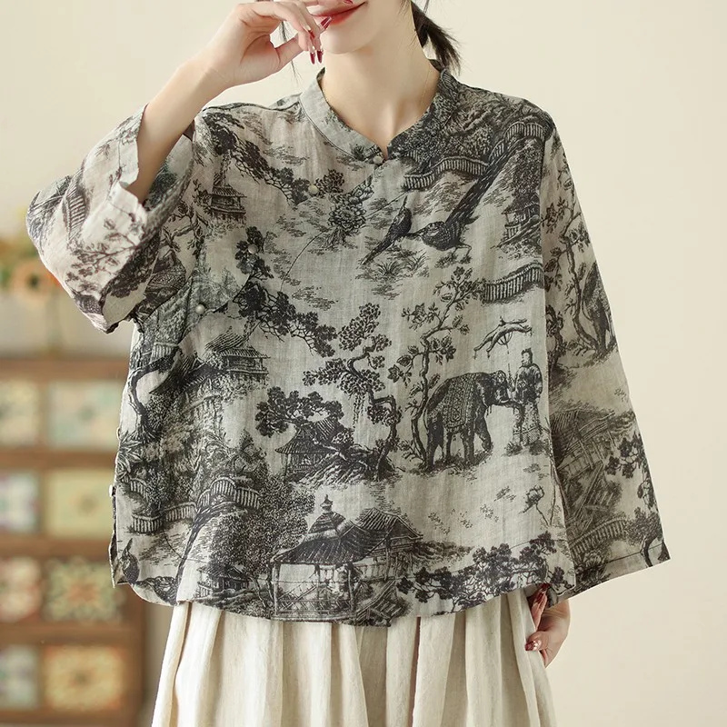 Chinese Style Casual Shirt Women New 2024 Spring Vintage Style Stand Collar Print Loose Female Long Sleeve Tops Shirts B3259