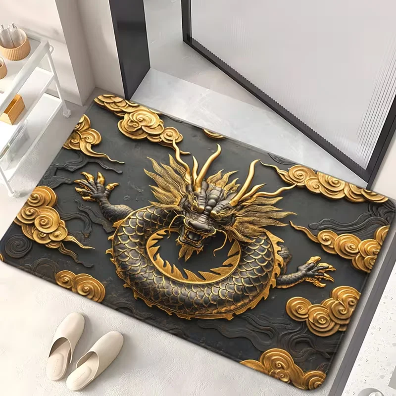Weihnachts-Fußmatte mit goldenem Drachen-Kunstmuster, rutschfeste Badezimmer-Bodenmatte, Wasserabsorber, Waschbodenmatte, goldenes Drachenmuster