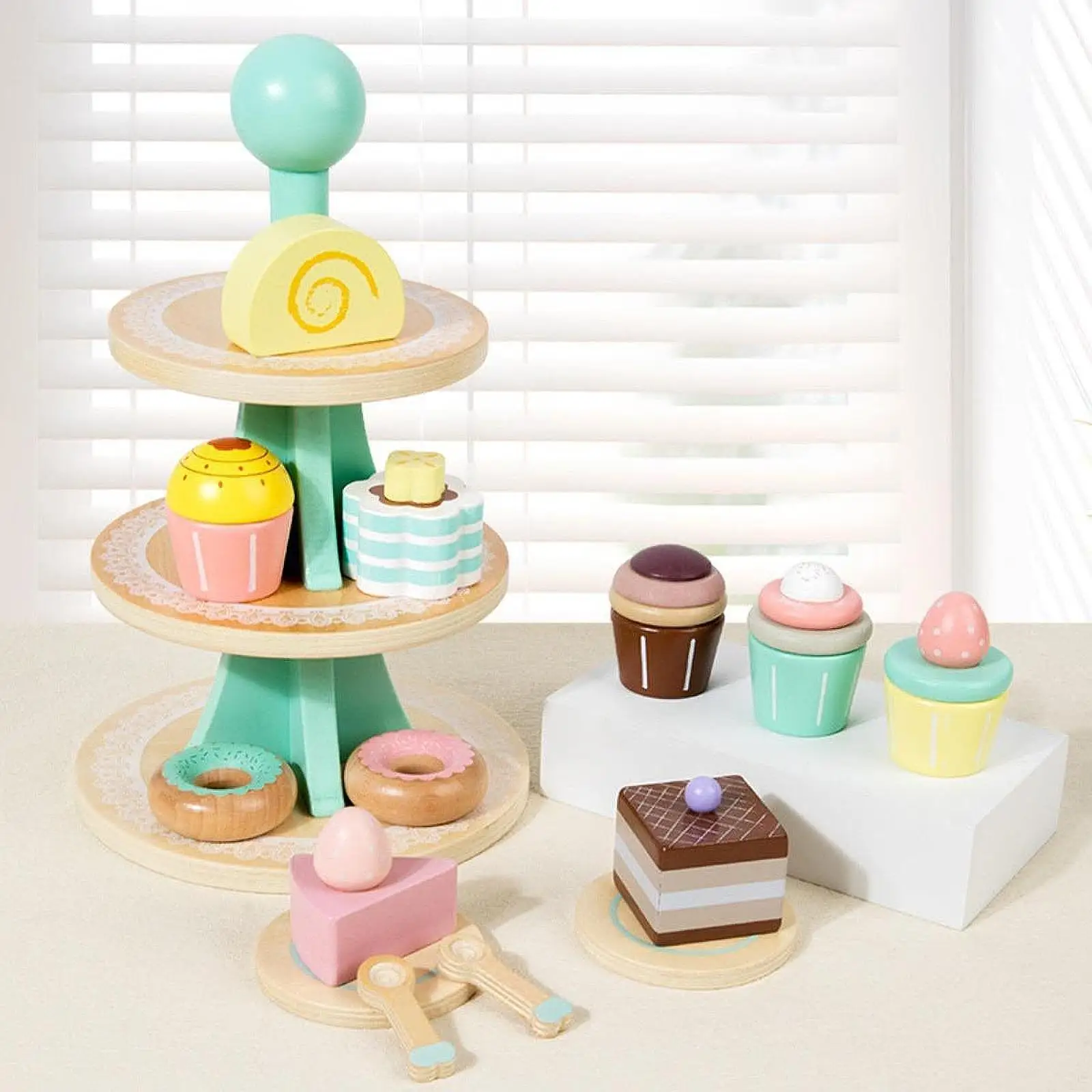 Wooden Tea Party Set Dessert Stand Playset for 2 3 4 5 6 Year Old Children