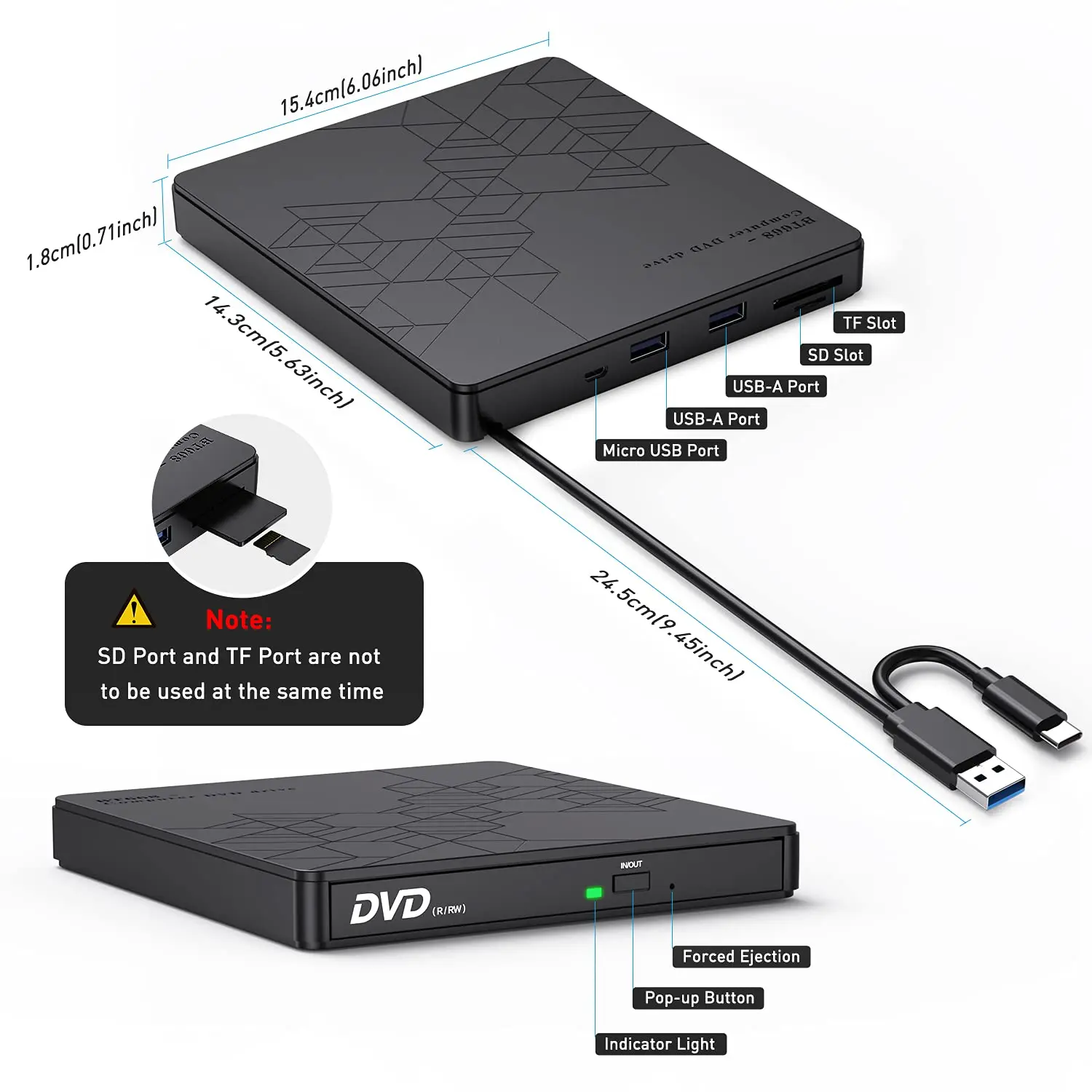 Unidad de DVD externa USB 3,0 tipo C, adaptador de CD ROM +/-RW con puerto USB, quemador de DVD para ordenador portátil, PC, unidad de disco óptico