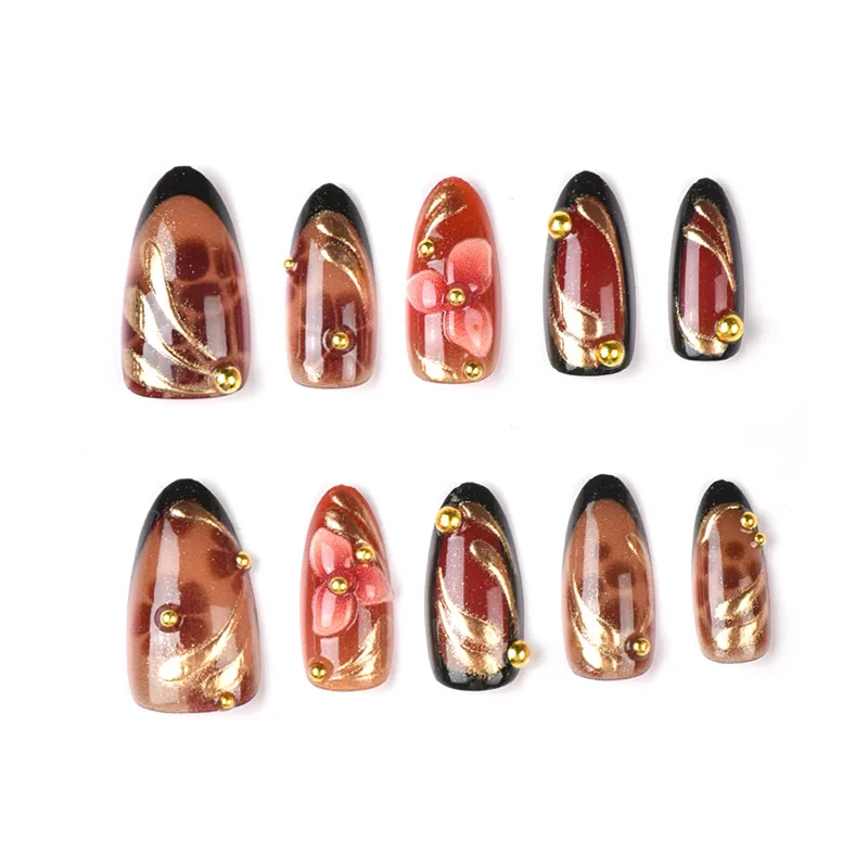 24 قطعة ريترو براون الفرنسية أظافر صناعية ثلاثية الأبعاد زهرة الذهبي تموجات الخريف ليوبارد طباعة الصحافة على الأظافر يمكن ارتداؤها الحلو اللوز وهمية مسمار