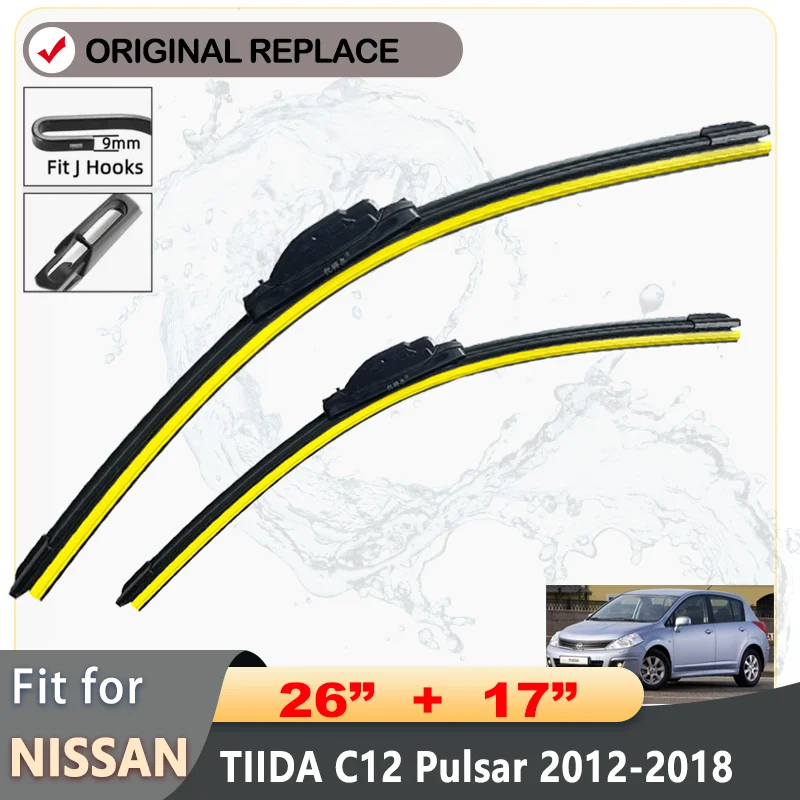 For Nissan TIIDA C12 Pulsar 2012-2018 Front Car Wiper Blades Brushes Cutter Accessories J Hook 2012 2013 2014 2015 2016 2017