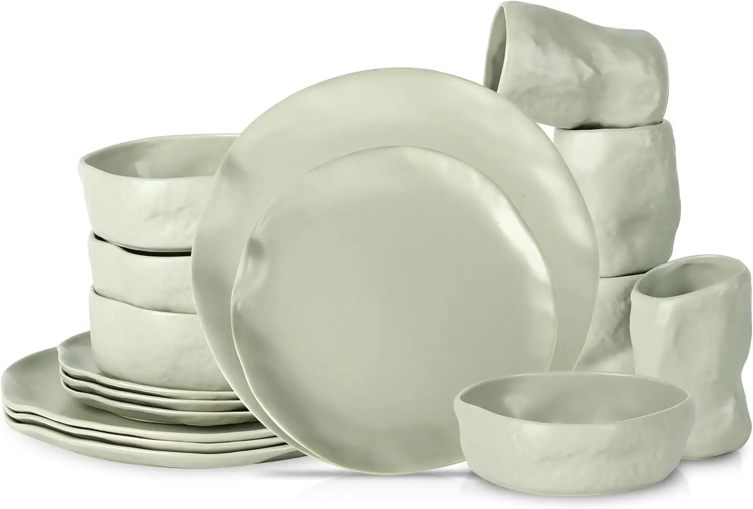 Atik Modern Stoneware 16-Piece Dinnerware Set, Plate And Bowl Set, Dish Set For 4, Sage-Grey