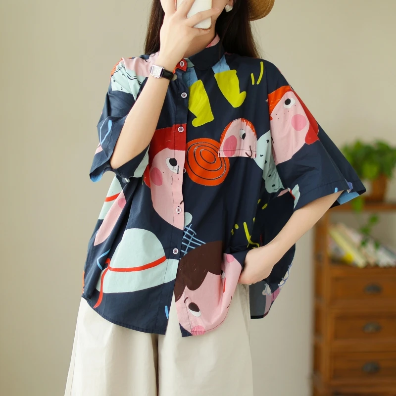 

Ретро мультфильм fiti Повседневная ort Sve irt Женская летняя свободная блузка больших размеров Five Sve Топ из смеси хлопка и полиэстера