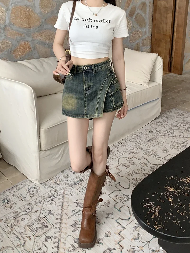 Amerykańskie dżinsy vintage damskie lato 2024, nowe cienkie niebieskie spodenki ze słowem, spodnie ZT276