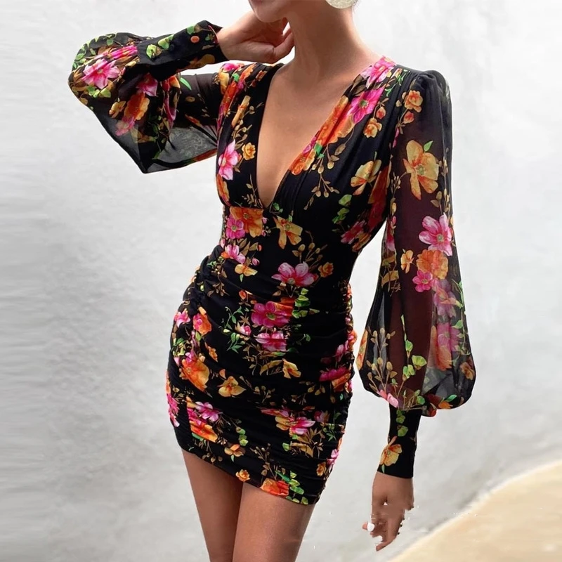 Sexy imprimé Dr Vintage fleur motif lanterne Sve v-ne taille cintrée robe moulante pour les femmes été trajet Faion