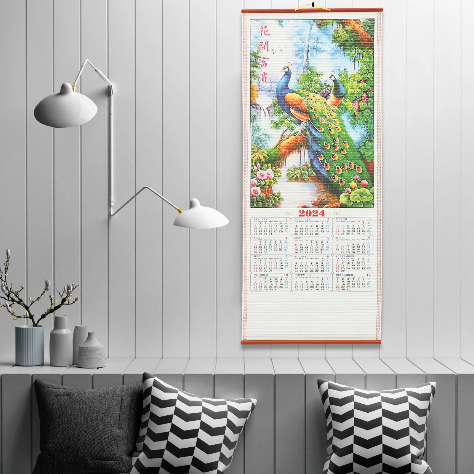 Calendario da parete 2024 Anno del drago Scorrimento di carta Decorazioni per la casa Imitazione rattan Calendari tradizionali sospesi Funzionali