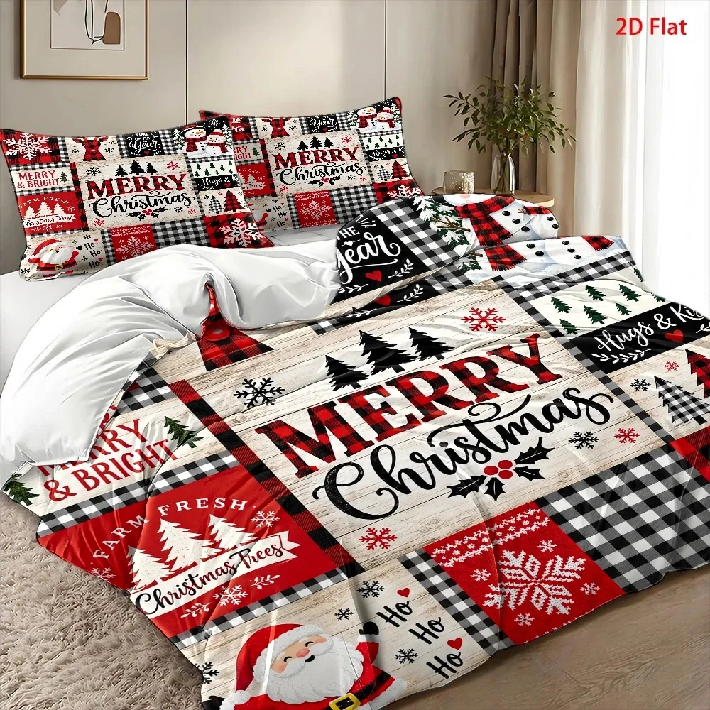 2D Duvet Cover Set 3Pc Classic Red and Black Plaid Merry Christmas Bedding Set (1_Duvet Cover + 2_Pillowcases) Suitable for All Seasons and Machine Washable