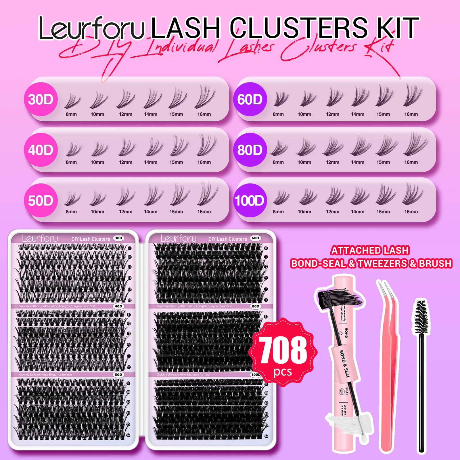 30-100D Lash Cluster Kit with Tweezers & Lash Brush, 8-16mm False Eyelashes, Fluffy Volume Lashes, Soft & Skin-Friendly, Lightweight & Comfortable, Customizable Lash Styles, Easy to Apply, Perfect for Daily Makeup, Halloween Parties & Glam Looks