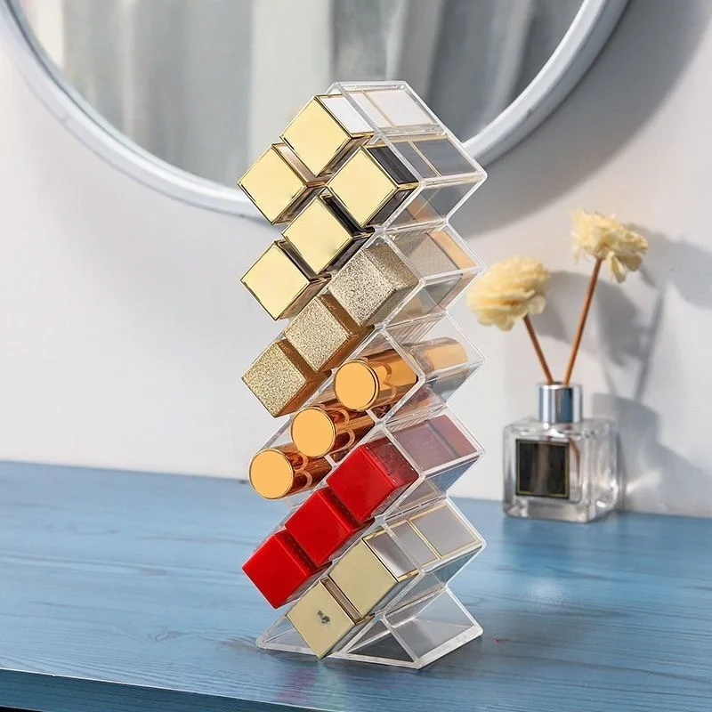 1 pc 16 Grids Diamond Shape Clear Lipstick Holder Stackable Lip Gloss Organizer for Vanity Makeup Bathroom Countertop