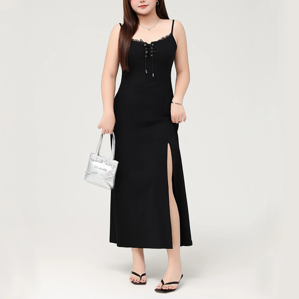 Premium Vintage French Chic Lace-Up High Slit A-Line Spaghetti Strap Maxi Dress With Lace Trim Neckline For Plus Size Women