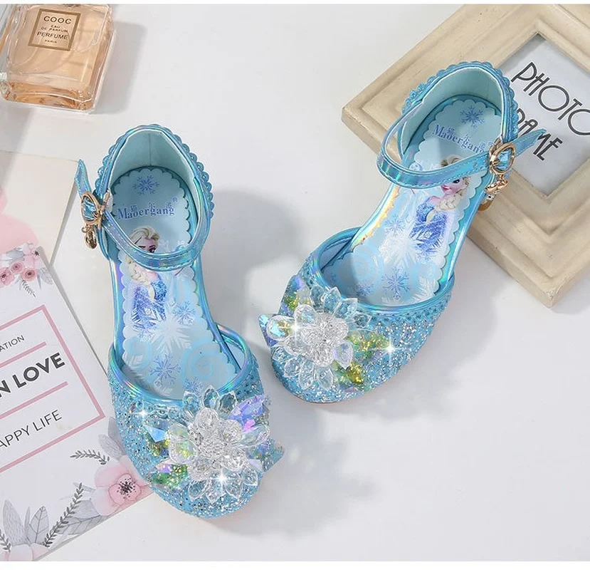 Disney-Sandalias de tacón alto para niñas, zapatos de princesa de Frozen, calzado de gran tamaño, calzado de belleza exquisita, 2022