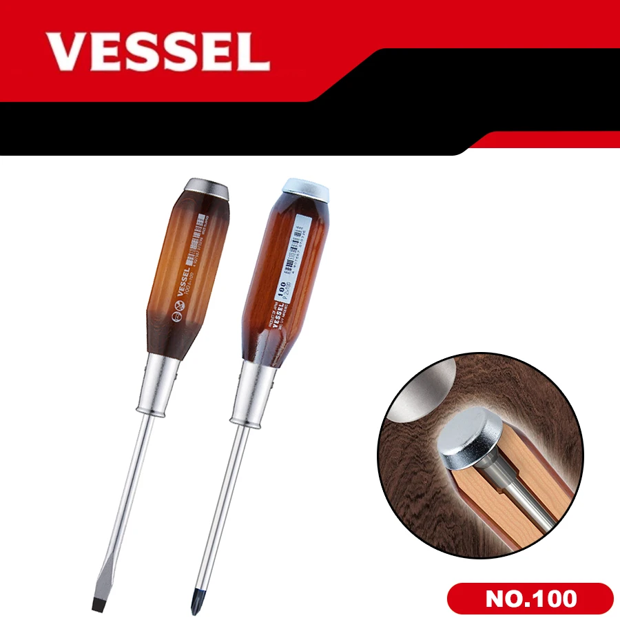 VESSEL NO.100  Wooden Handle Screwdriver Suitable for Phillips and Slotted Screws Powerful Penetration Driver