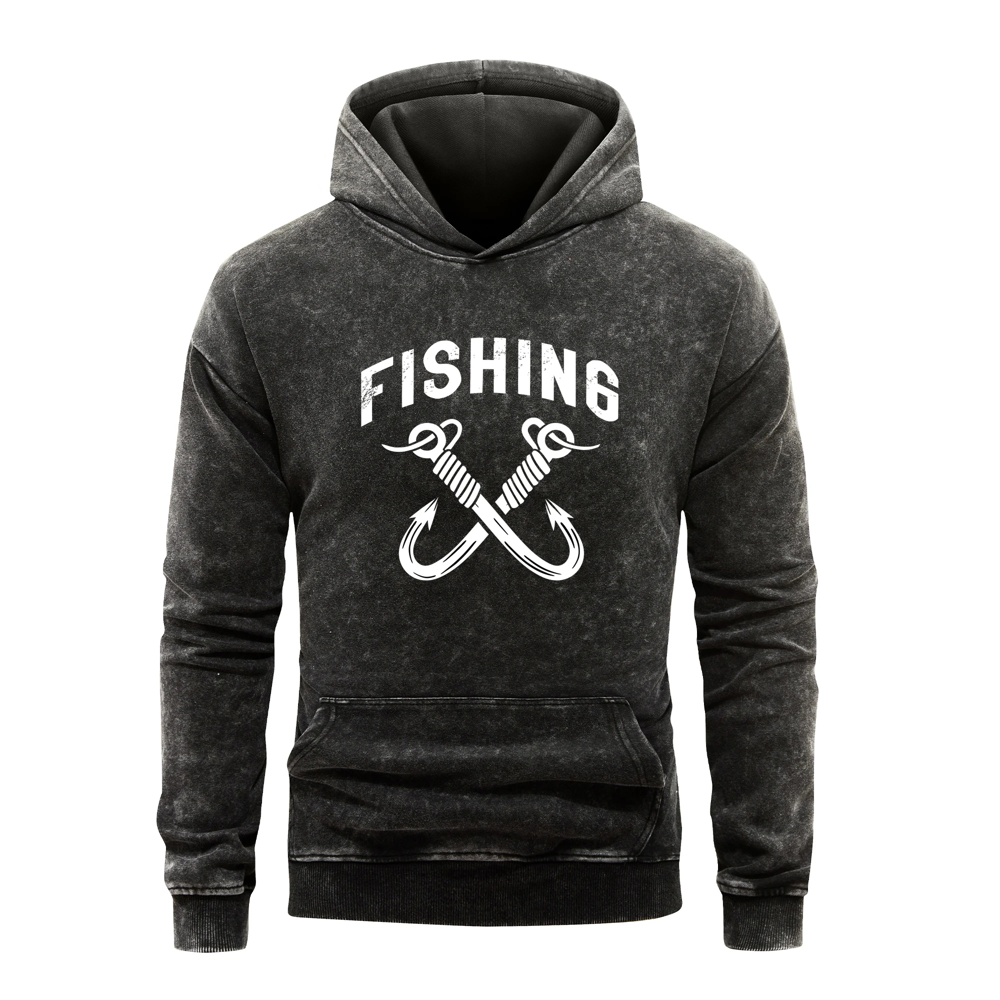 Fishing And Hook Printing Men Hoodies Vintage Washed 100%Cotton Harajuku Fleece Pullover Fashion Hoodie Vintage Tops