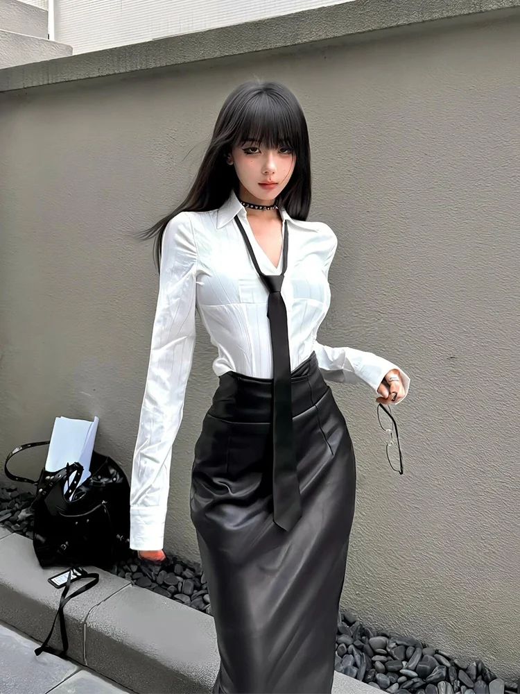 

Комплект XZY: элегантная приталенная рубашка с длинным рукавом и черная кожаная юбка для полных женщин, осенний, с высокой талией, для офиса, в корейском стиле