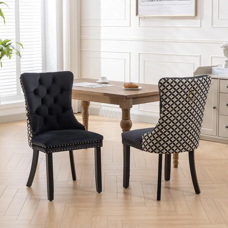 Set of 2 High-End Tufted Velvet Dining Chairs with Solid Wood Legs and Nailhead Trim, Black and Patterned Upholstery,