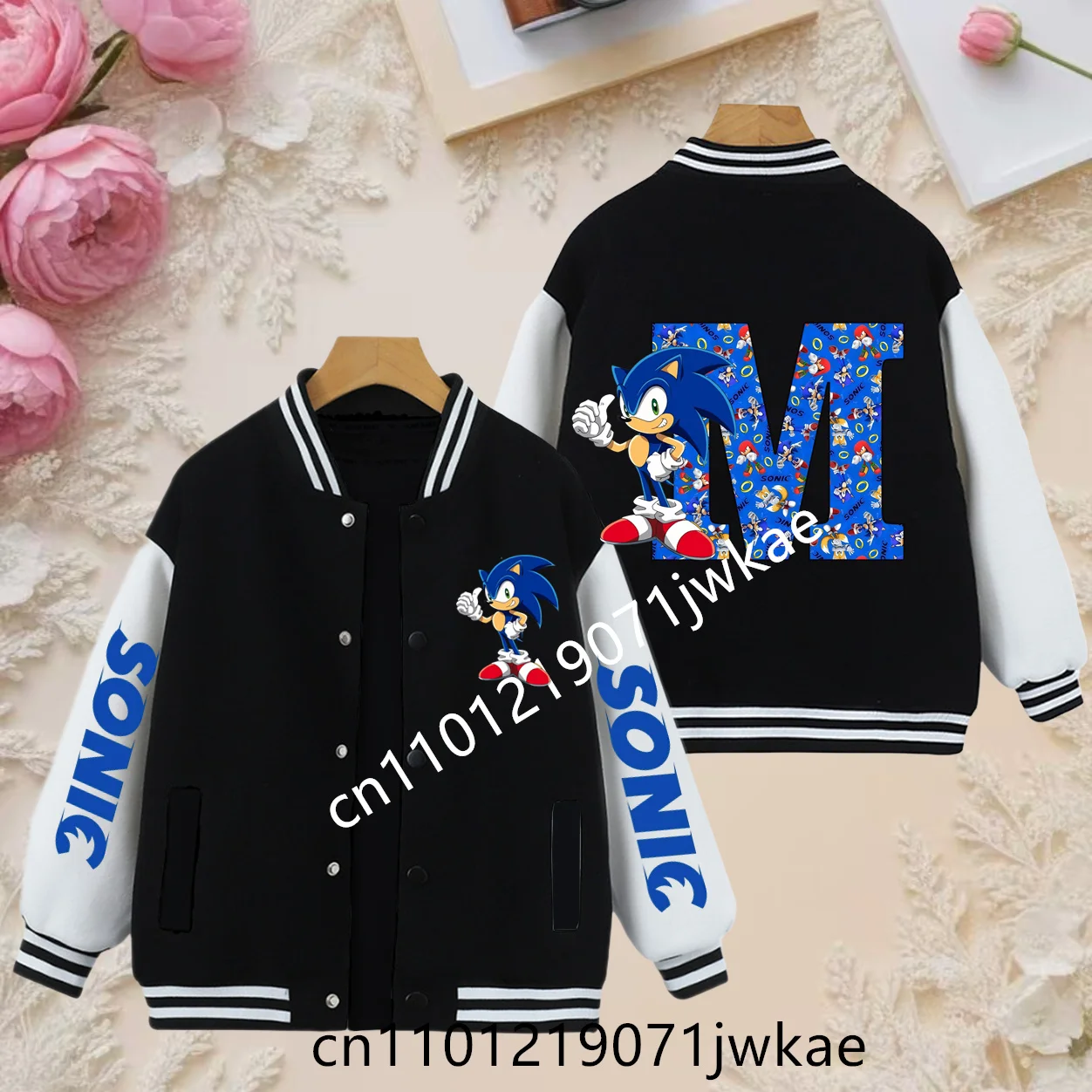 

Fall Winter Fashion Jacket Black Coats Kid Clothes Sonics Letter A-Z Anime Baseball Uniform Children Cartoon Printed Boys Girls