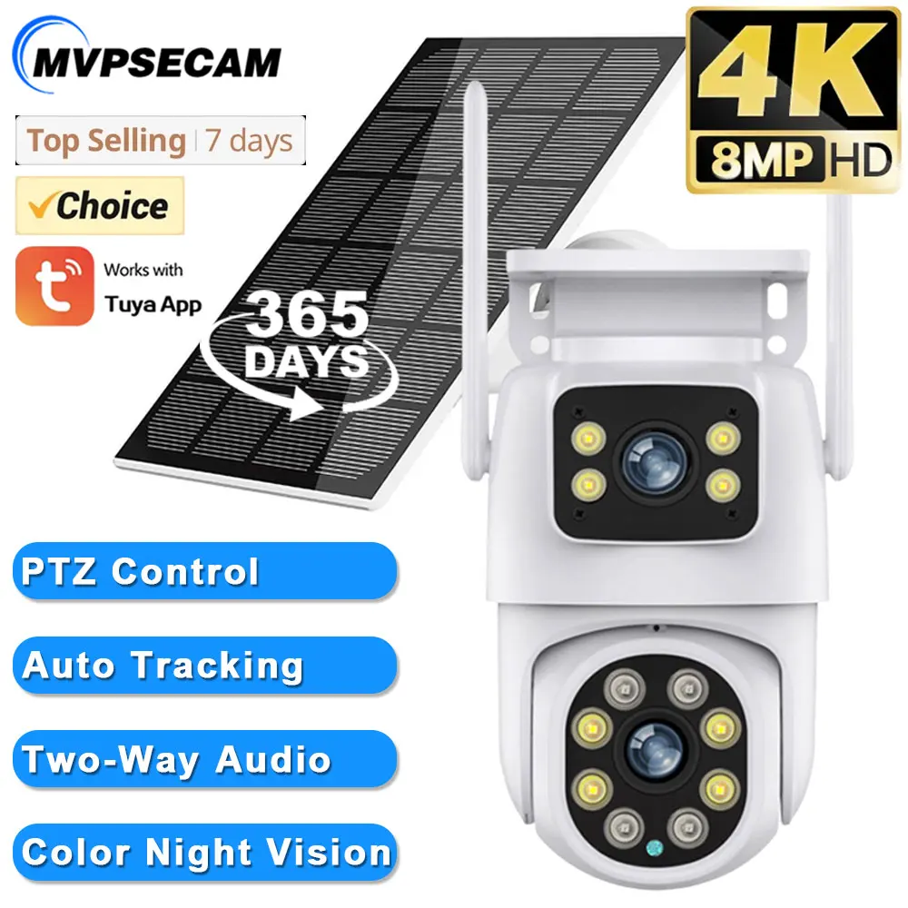 

4k 8MP WIFI Solar Camera With 7800 mAh Battery Dual Lens Wireless PTZ Camera Color Night Vision Security Surveillance Tuya App