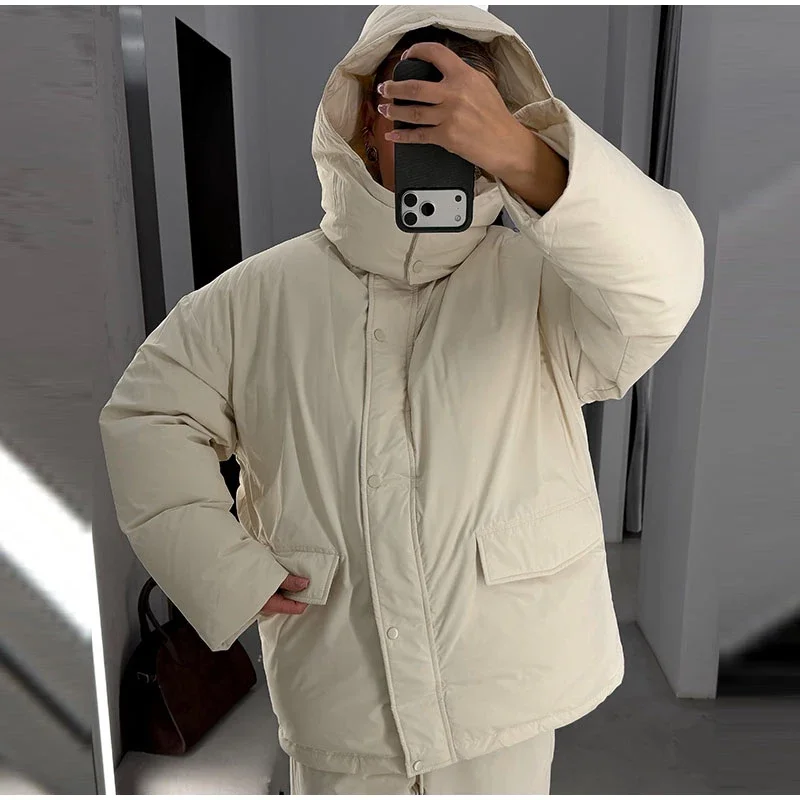 Damen-Winterhosen-Sets, Kapuzenjacken mit langen Ärmeln und Reißverschluss, übergroße, wattierte Jacken, Hosen mit weitem Bein, Herbst-Outfits für Damen, einfarbig, locker geschnitten. – Detail 1