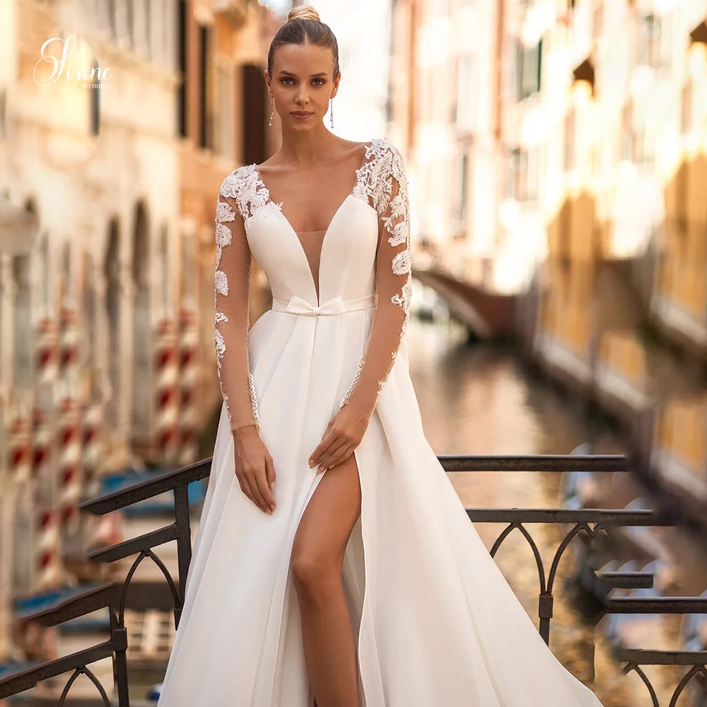 Sirene Einfache Moderne V-ausschnitt Spitze Lange Ärmel Illusion Satin Brautkleider mit Hohem Schlitz Elegante Vestidos De Novia Angepasst