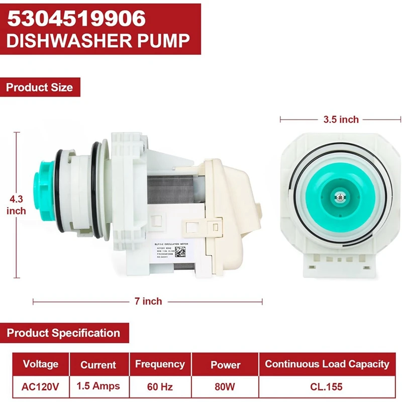 5304519906   مضخة غسالة الأطباق ومجموعة المحرك لـ Frigidaire IKEA White Westinghouse AP 6840161   PS 12712308   EAP 12712308 -A66K