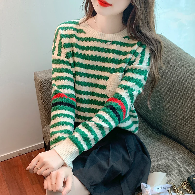 Knitted Striped Sweater Women 2022 Autumn Spring Loose Casual Pullovers Female Long-sleeved Round Neck Tops