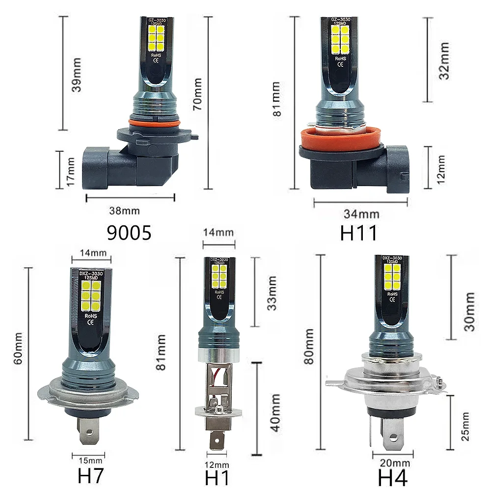 2 Stuks Led H4 H7 55W Koplamp H11 H8 H9 H10 H1 H3 Auto Mistlampen 9005 9006 Auto Rijlichten 12000lm 80W 12V 24V