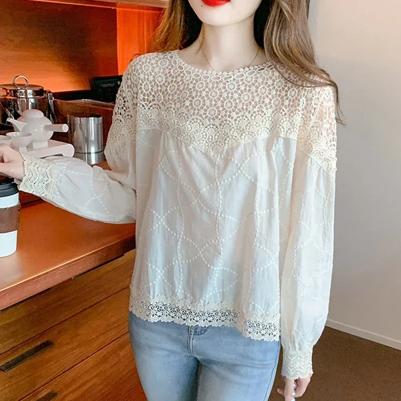 Elegant Sexy Hollow Out Lace Shirt Women Korean Fashion Casual Blouse Loose Clothes Autumn Long Sleeve Blouses Women Tops 28775