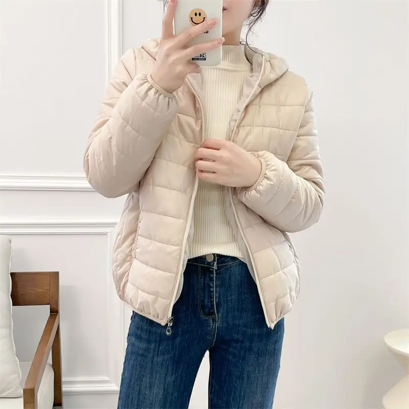 Minimalistyczne, lekkie damskie kurtki puchowe z bawełny, nowe zimowe parki w stylu koreańskim z kapturem, pikowane, damskie wiatrówki, odzież wierzchnia 2025