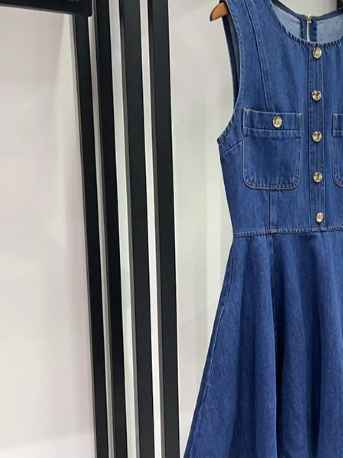 

Spring/Summer Women O-Neck Denim Hign Waist Single Breasted Pleated Solid Dress Pocket A-line Fashion Mini Skirt