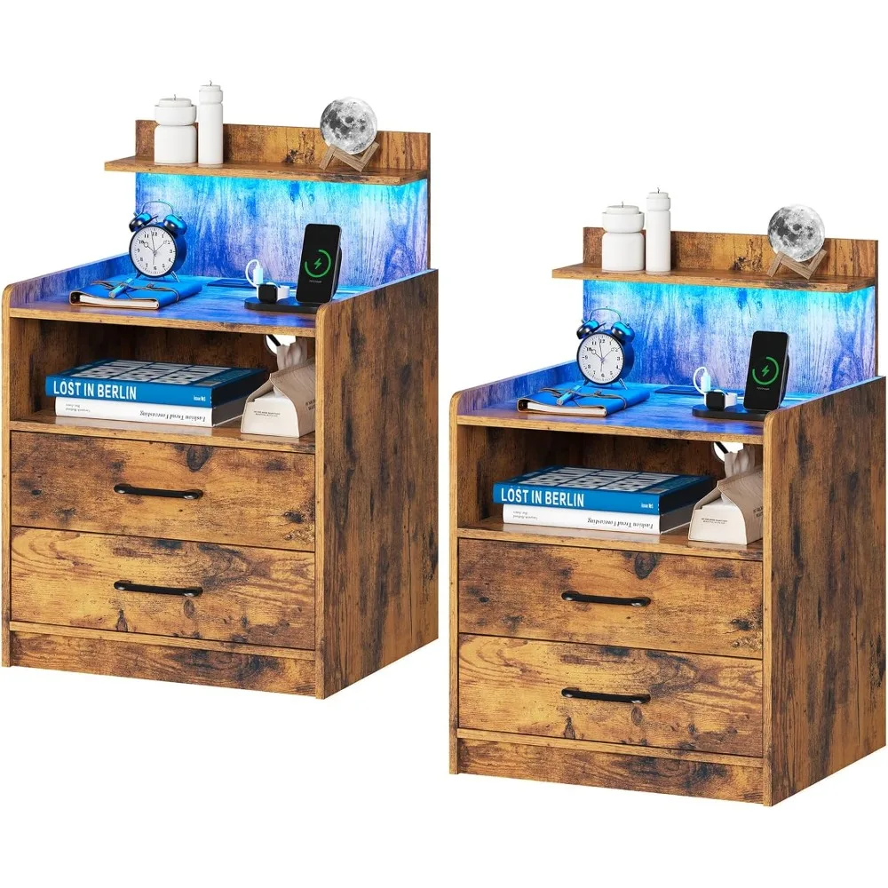 Pair of Nightstands with Charging Dock and LED Lighting, Dual Drawer Bedside Tables featuring Open Storage Shelves and USB Charg