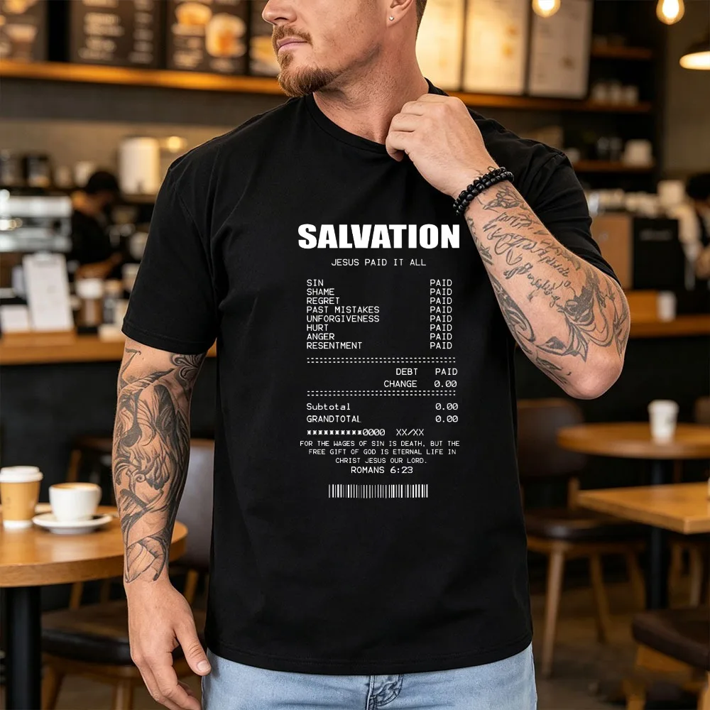 T-shirt imprimé « Sauvetage Jésus a payé tout» – T-shirt graphique décontracté tendance – Style chrétien – Hauts imprimés religieux – T-shirt pour homme