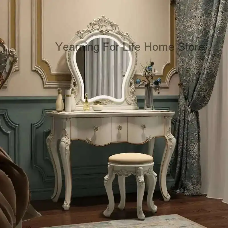 

European Carved Dressers Creative Bedroom Furniture Solid Wood Dressing Table Home Vanity Makeup Table with Mirror Retro Table