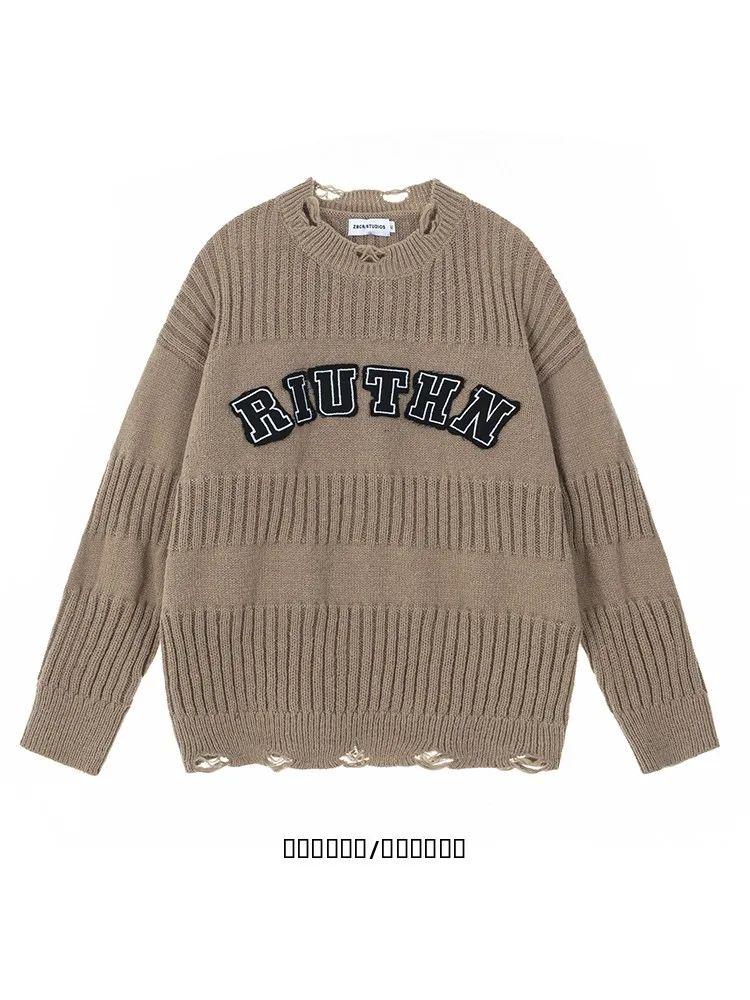 

Вязаный свитер в американском ретро-стиле с вышивкой, круглый вырез, без перфорации, повседневный, удлиненный, осенне-зимний топ