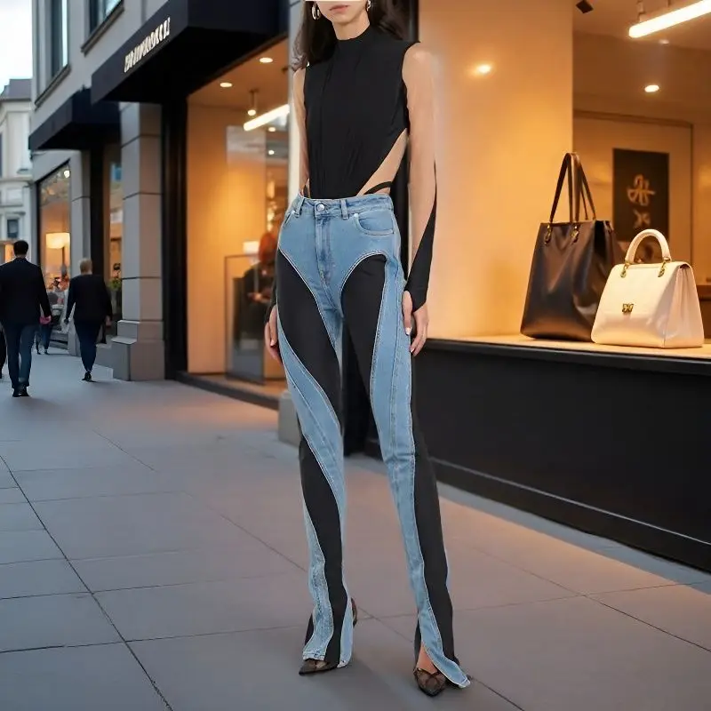 

Лоскутные хипстерские джинсы, женские джинсовые брюки на щиколотке, роскошные оригинальные контрастные цветные швы, нишевые дизайнерские брюки, уличная одежда